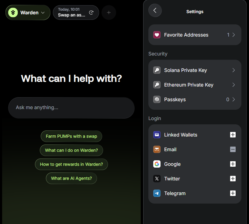 The available wallet settings in Warden